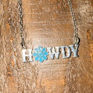 Silver 'Howdy' Necklace with Blue Flower Accent